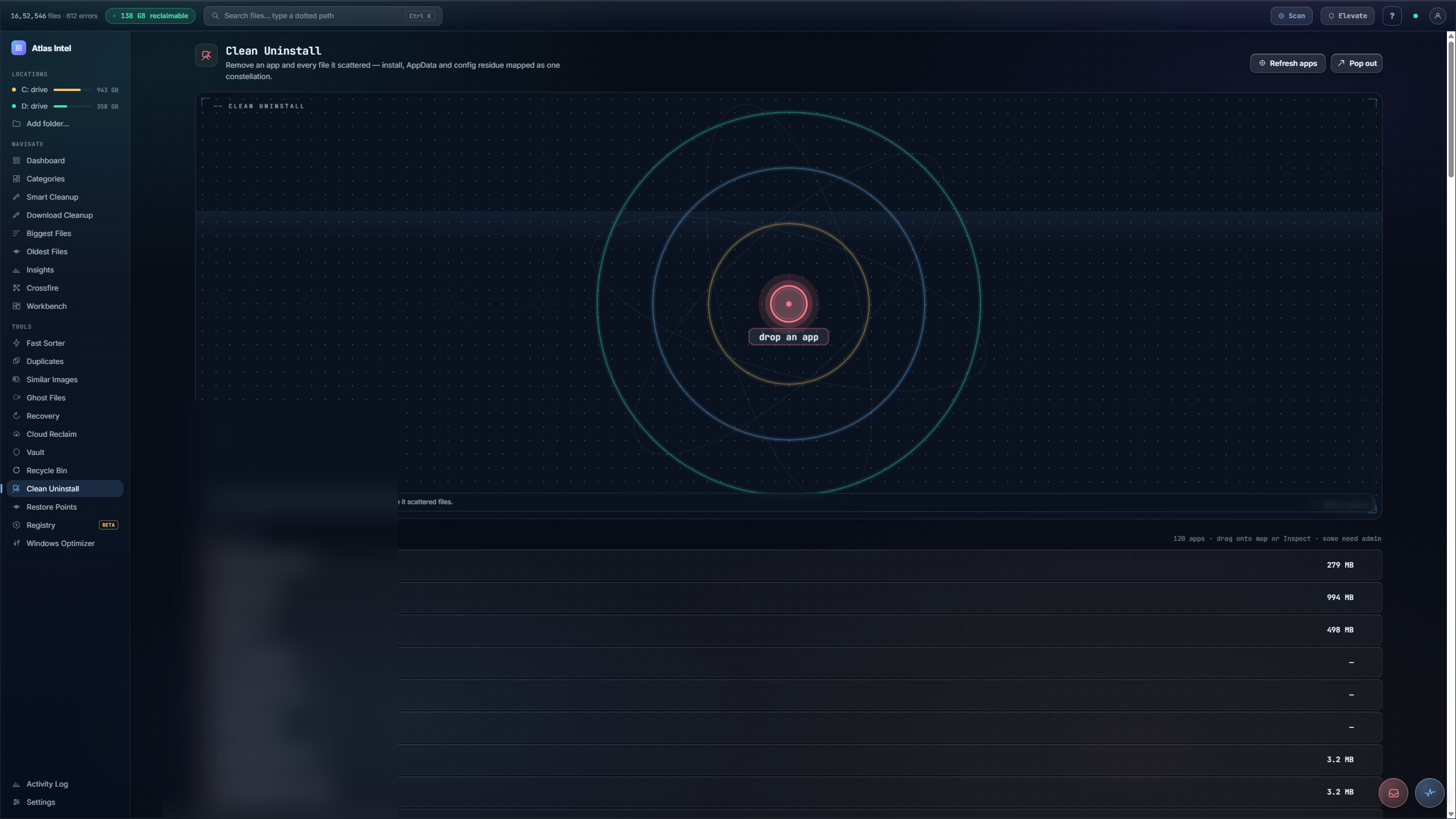 Clean Uninstall inside Atlas Intel, real capture with personal data blurred