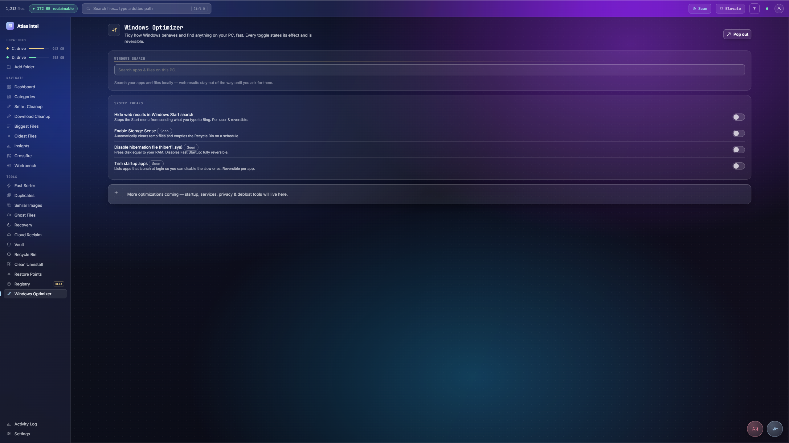 Windows Optimizer inside Atlas Intel, real capture with personal data blurred