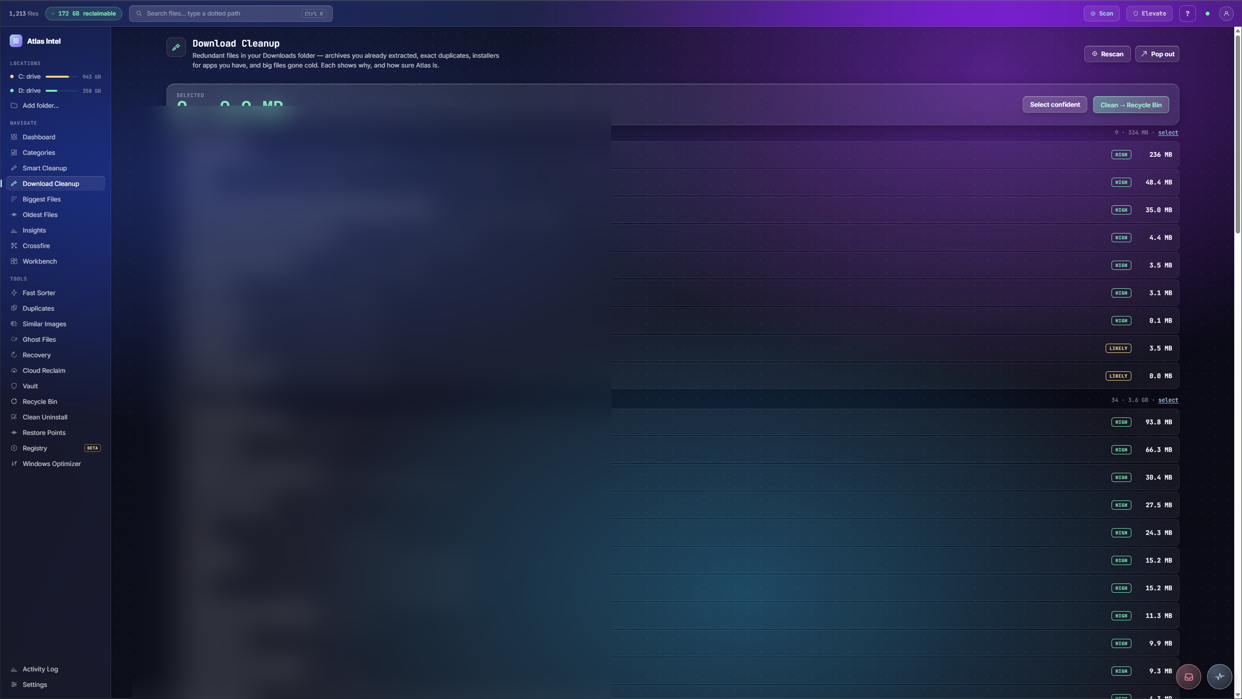 Download Cleanup inside Atlas Intel, real capture with personal data blurred